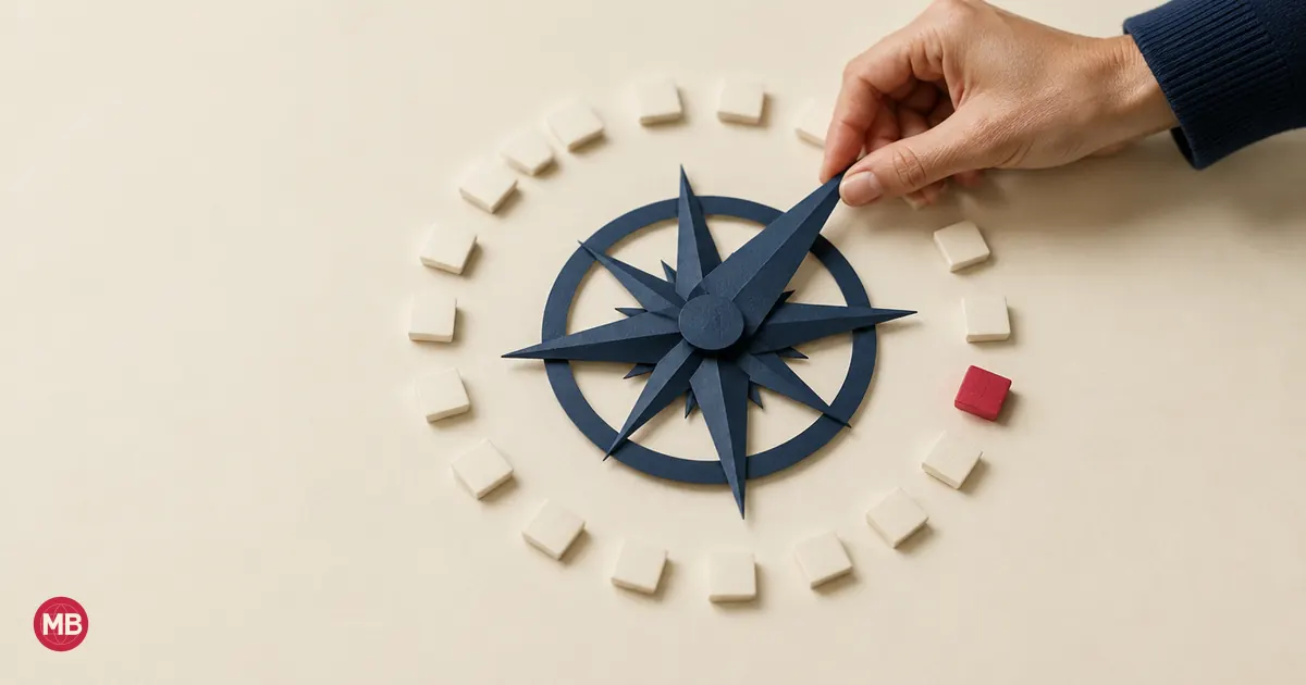 A hand turning a navy paper compass rose inside a ring of small cream tiles