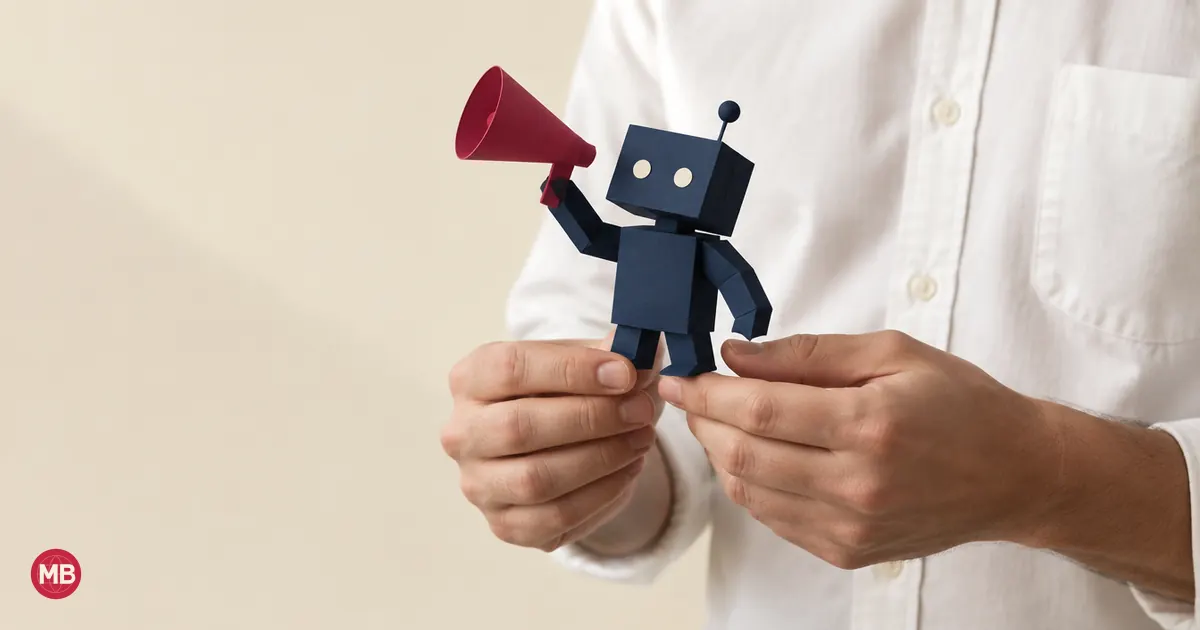 A man in a white shirt holding a small navy paper robot that raises a red megaphone