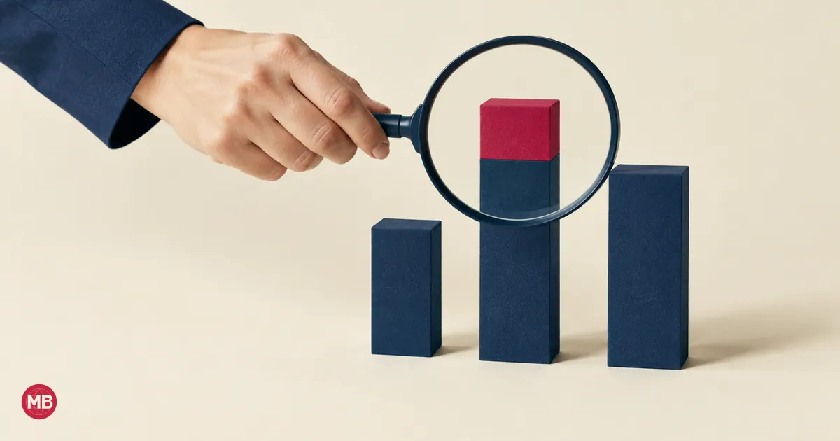 A hand holding a magnifying glass over three navy bar models, the middle one topped in red