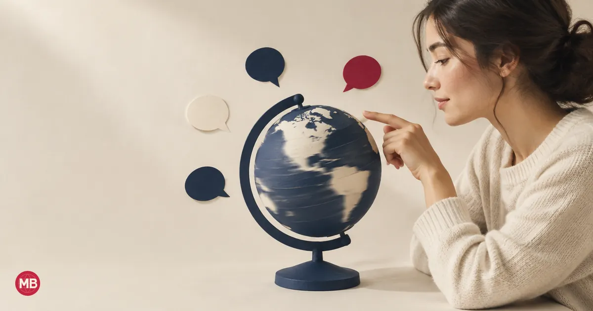 A young woman spinning a navy paper globe with speech bubbles floating around it