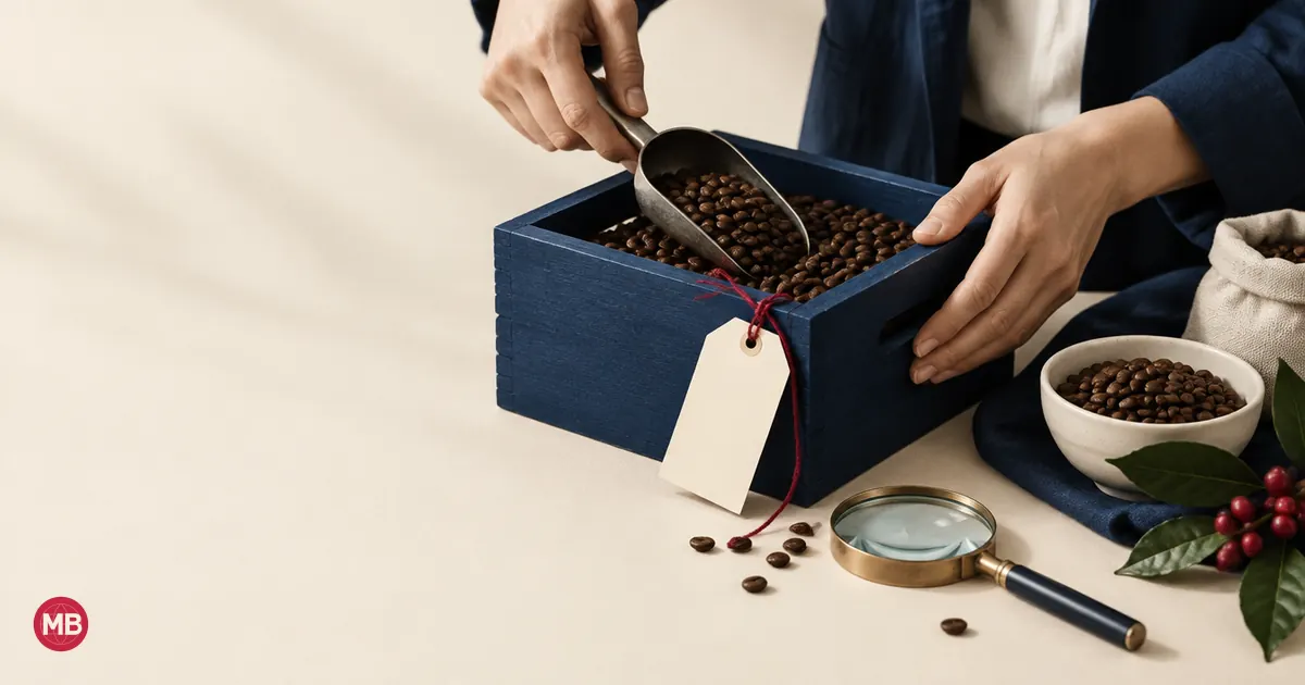 Hands scooping coffee beans from a navy crate with an inspection tag on red string