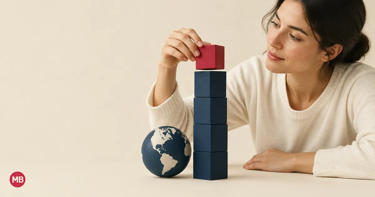 A woman placing a red block on top of a tower of navy blocks beside a small globe