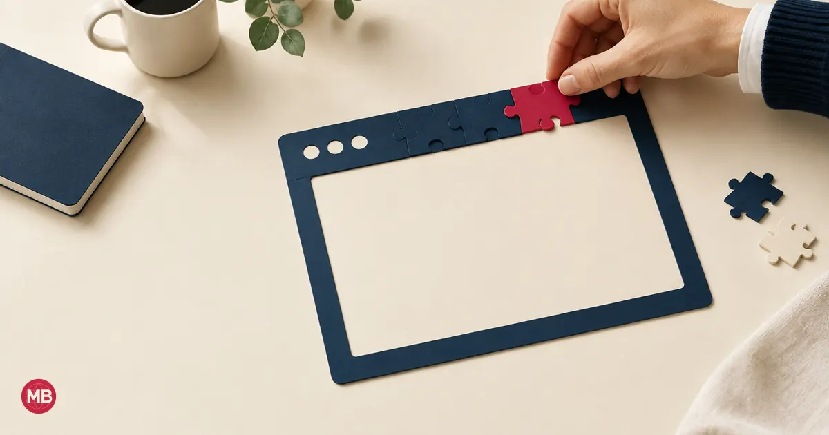 A hand clicking a red puzzle piece into the toolbar of a navy paper browser window