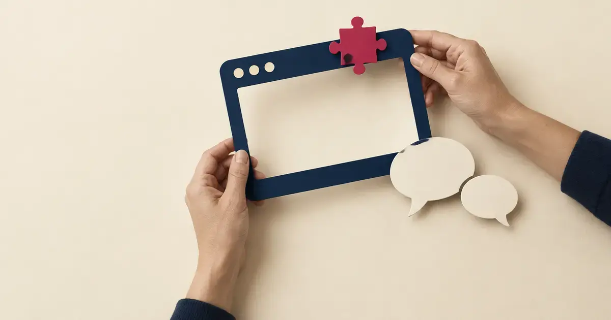 Two hands holding a navy paper browser window with a red puzzle piece, speech bubbles below
