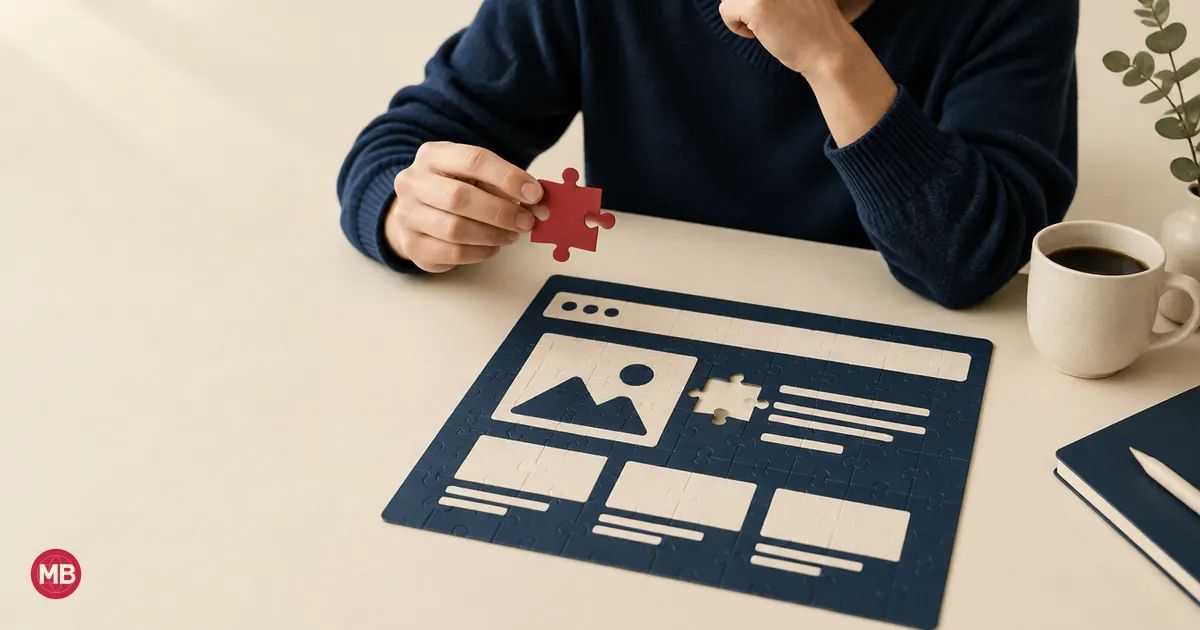 A person holding a red puzzle piece that does not fit the navy paper web page in front of them