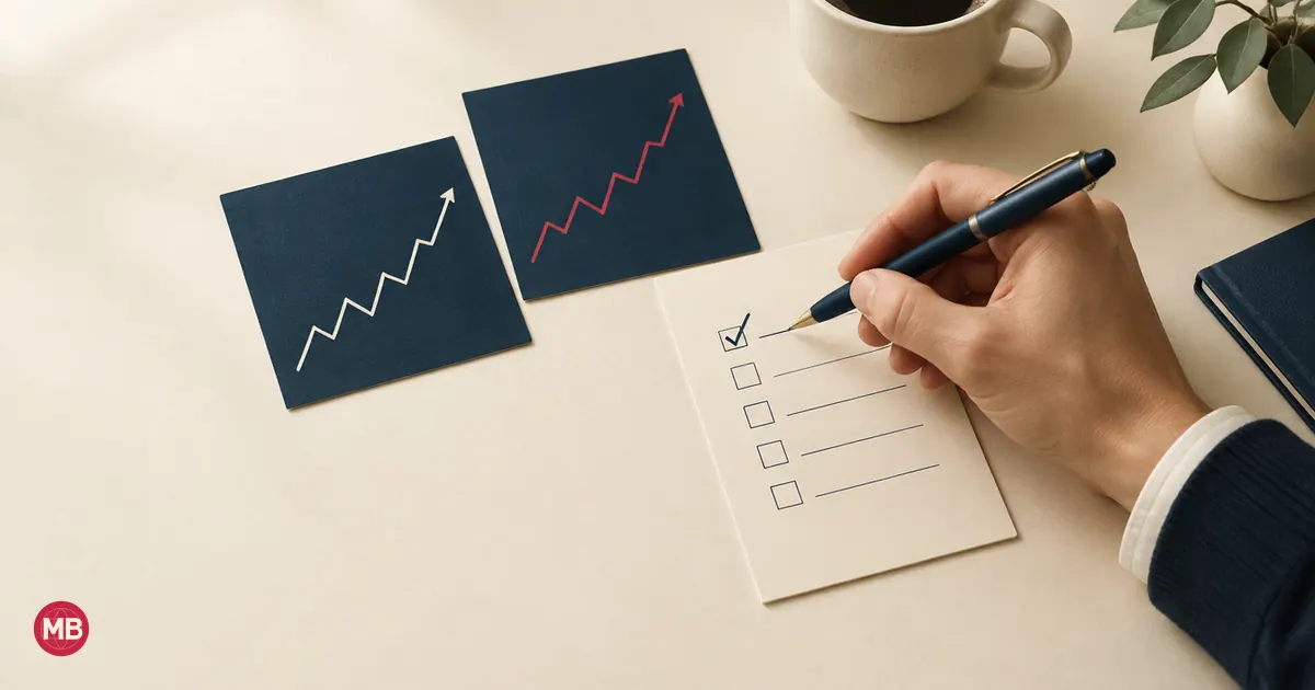 A hand ticking a checklist beside two cards with rising trend lines, one in red