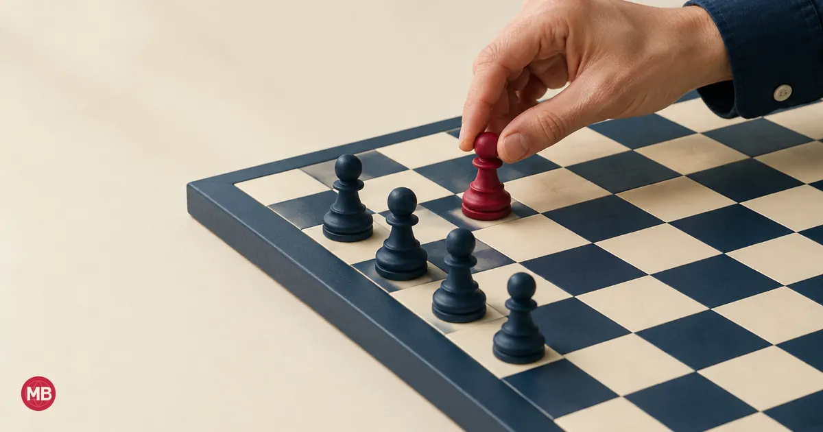 A hand moving a red pawn one square ahead of three navy pawns on a chessboard