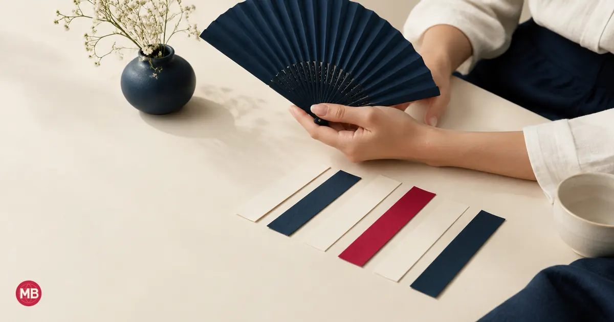 A hand holding a navy fan above cream strips of text, one strip red