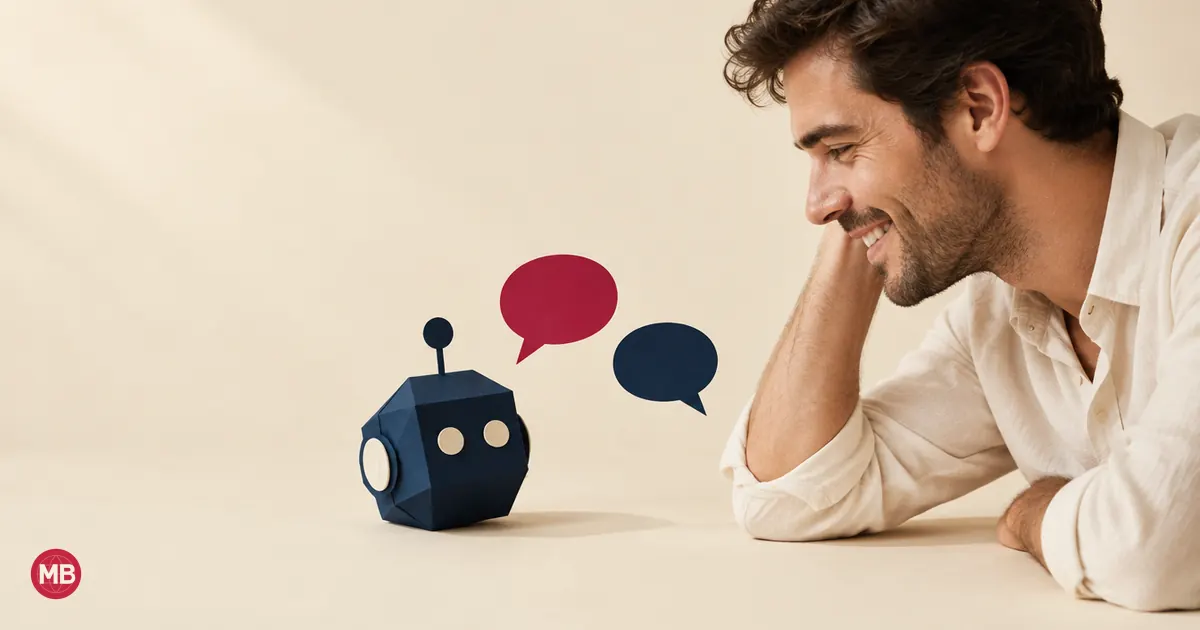 A man smiling at a small navy paper robot, two speech bubbles between them