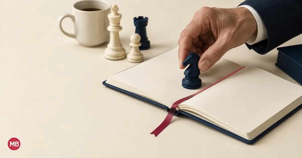 A hand setting a navy chess knight on an open notebook with a red ribbon