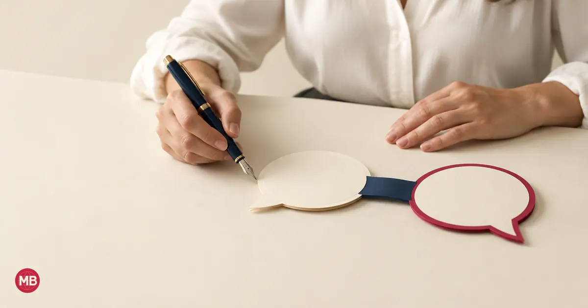 A woman writing with a fountain pen beside two linked speech bubbles, one edged in red
