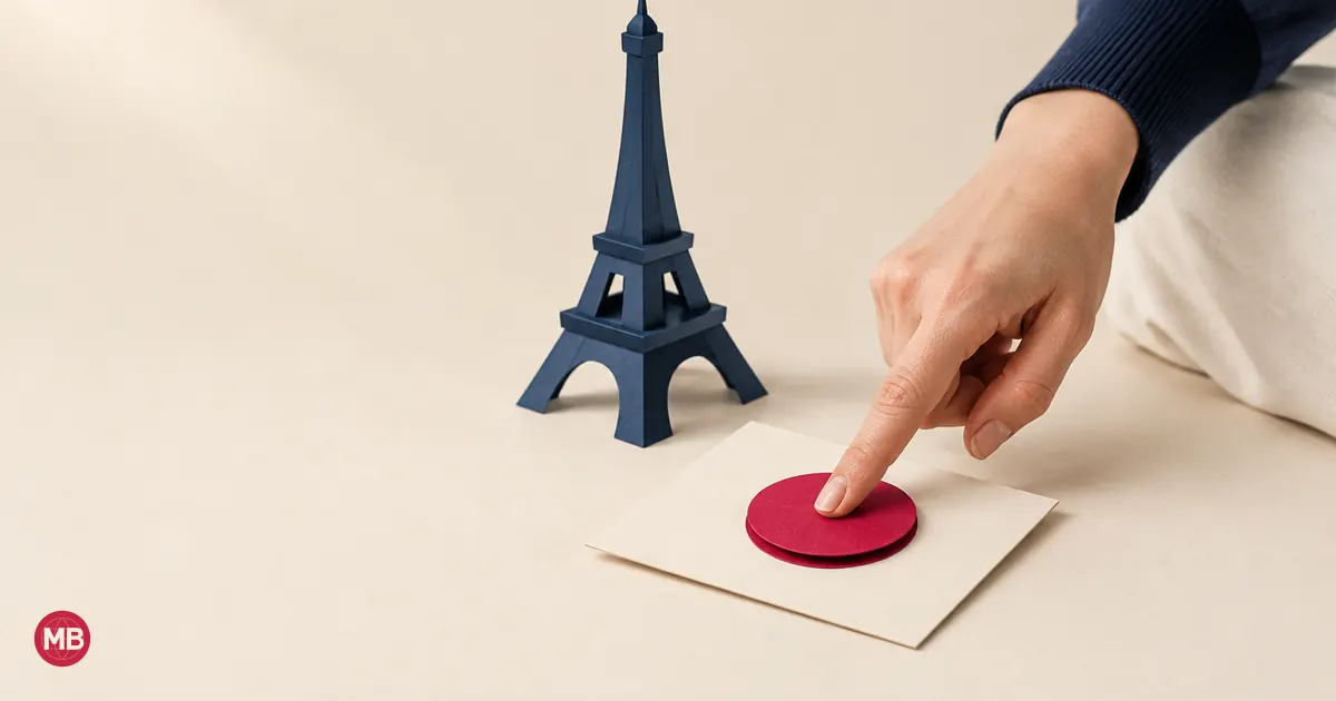 A finger pressing a red button on a cream card, a small navy Eiffel Tower behind