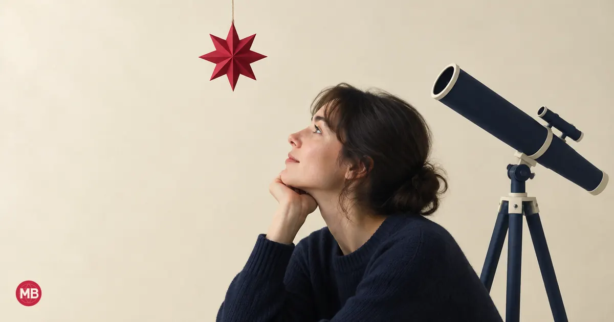 A woman looking up at a red paper star beside a navy telescope on a tripod