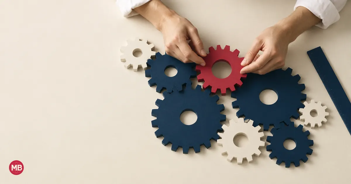 Hands fitting a red gear into a set of navy and cream paper gears