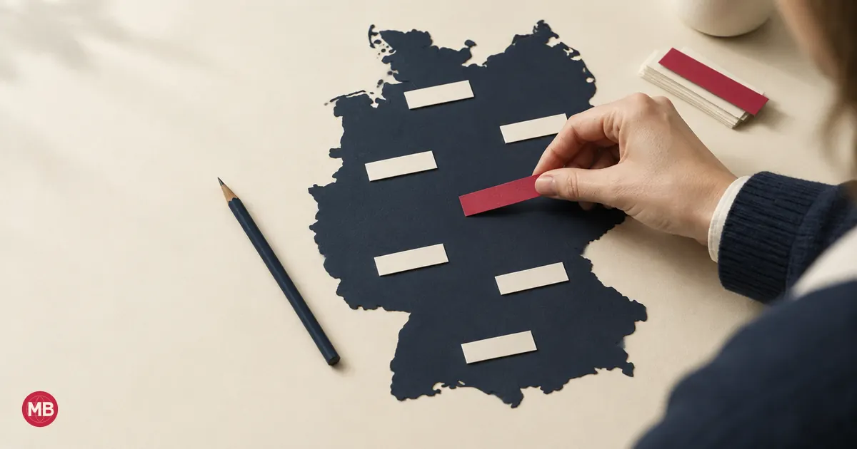A hand laying a red strip on a navy paper map of Germany covered in cream text strips