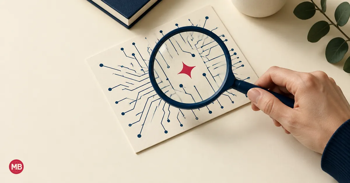 A hand holding a magnifying glass over a red spark on a card of navy circuit lines