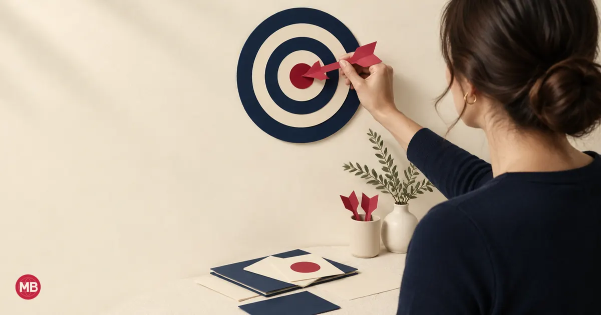 A woman pinning a red arrow into the bullseye of a navy target on the wall