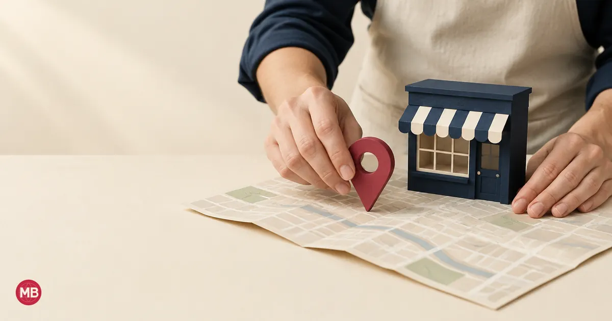 A shopkeeper in an apron placing a red map pin beside a small navy shopfront on a street map
