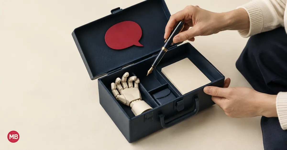 A hand lifting a fountain pen from a navy toolbox that holds a paper robot hand