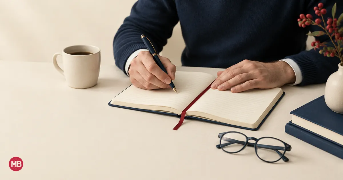 A man writing in a lined notebook with a red ribbon, reading glasses on the table