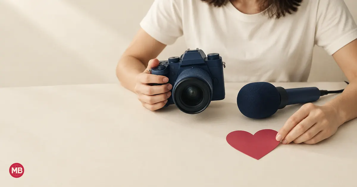 A creator holding a navy camera beside a microphone and a red paper heart