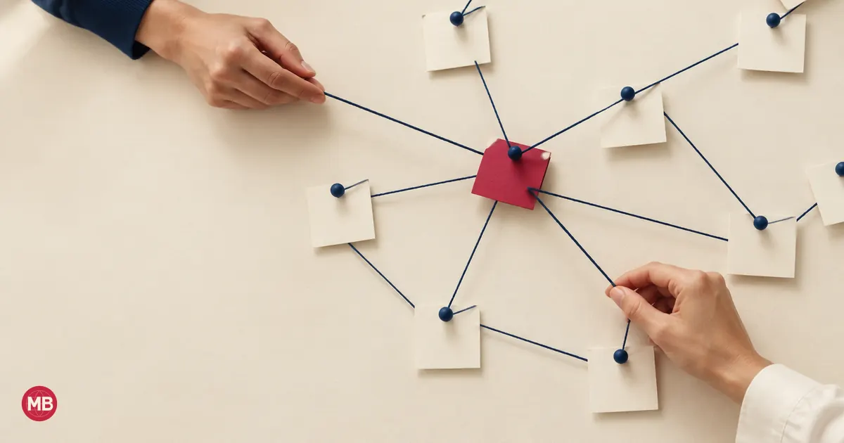 Hands stretching navy thread between cream cards pinned around one red card