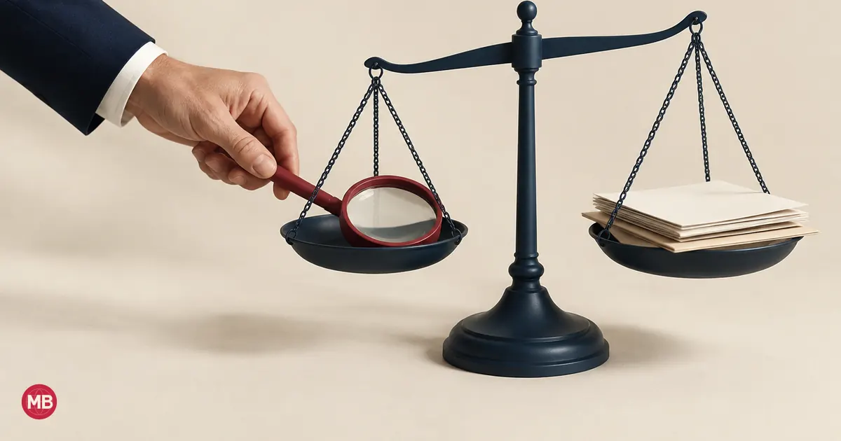 A hand setting a red magnifying glass on one pan of a navy balance, documents on the other