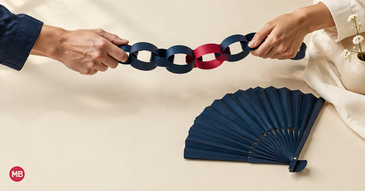Two hands pulling a chain of navy links taut, one link red, a navy fan below