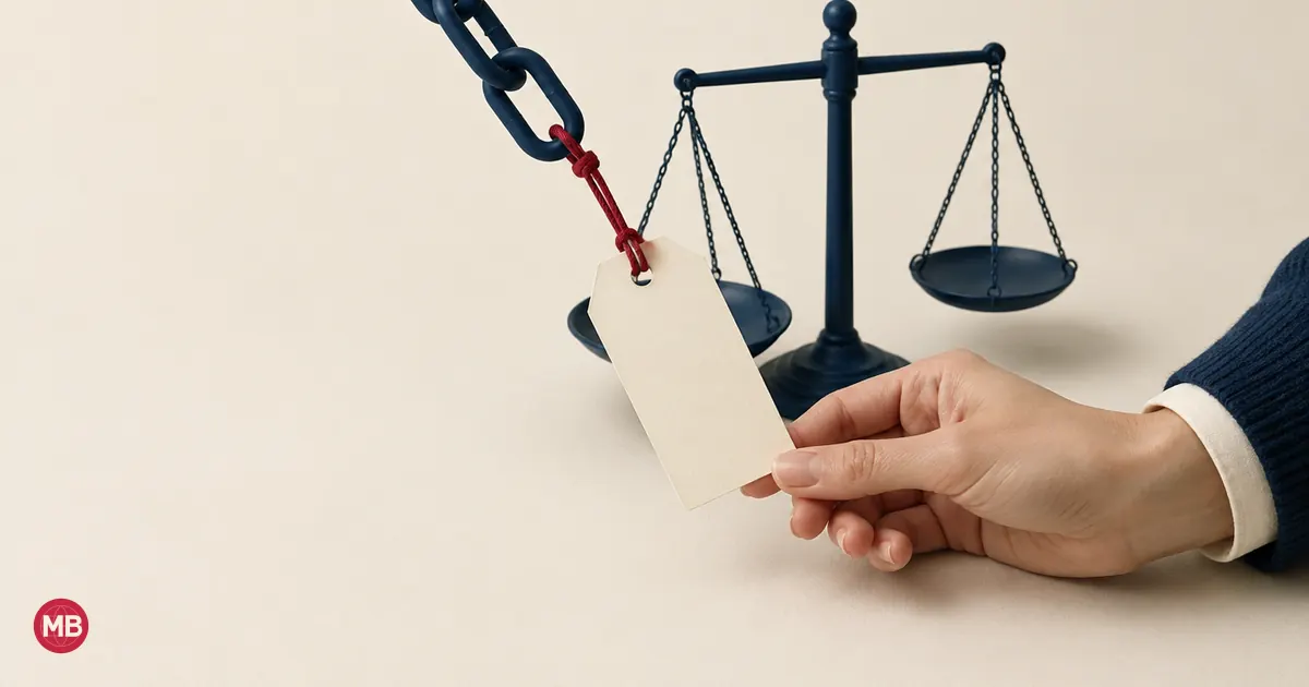 A hand holding a price tag on red string tied to a navy chain, a balance behind