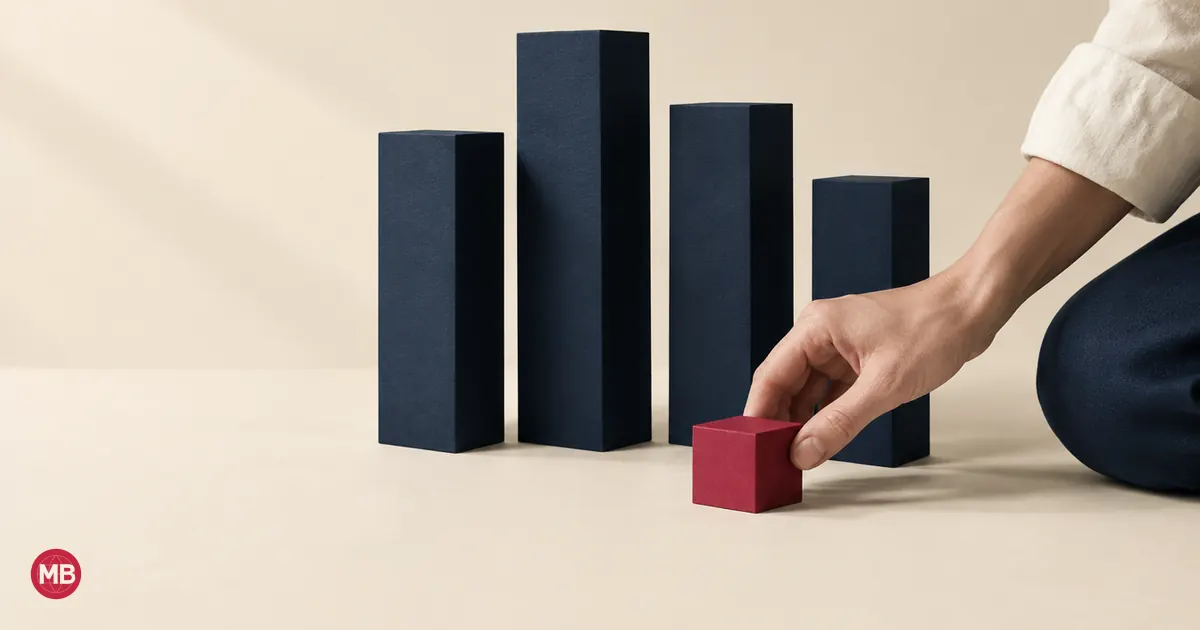 A hand setting a small red cube in front of a row of tall navy monoliths