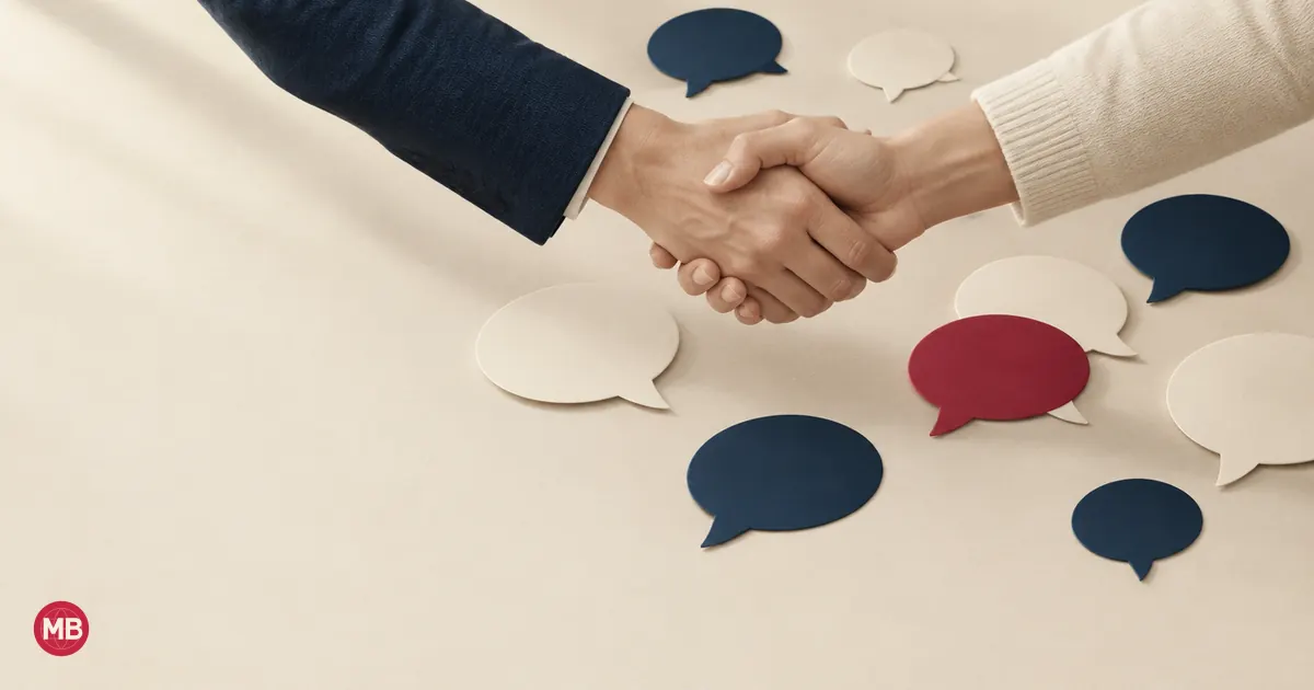 Two people shaking hands over scattered speech bubbles, one red