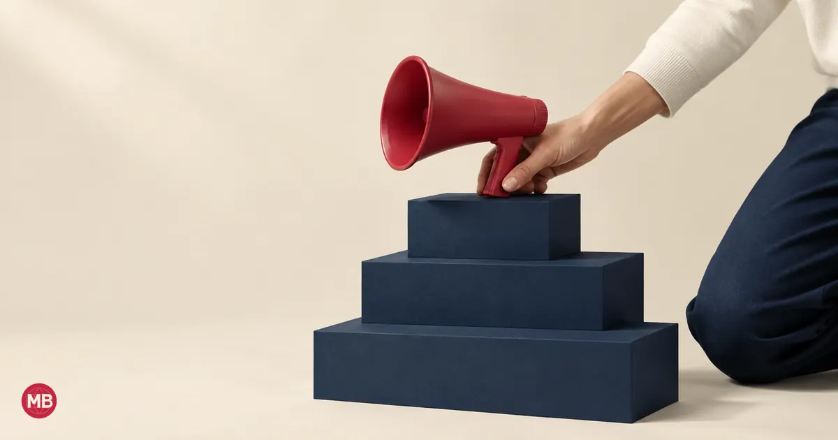 A hand setting a red megaphone on the top step of a navy podium
