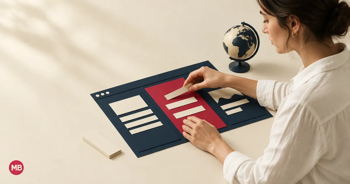 A woman arranging text strips into the three panels of a navy paper web page, one panel red