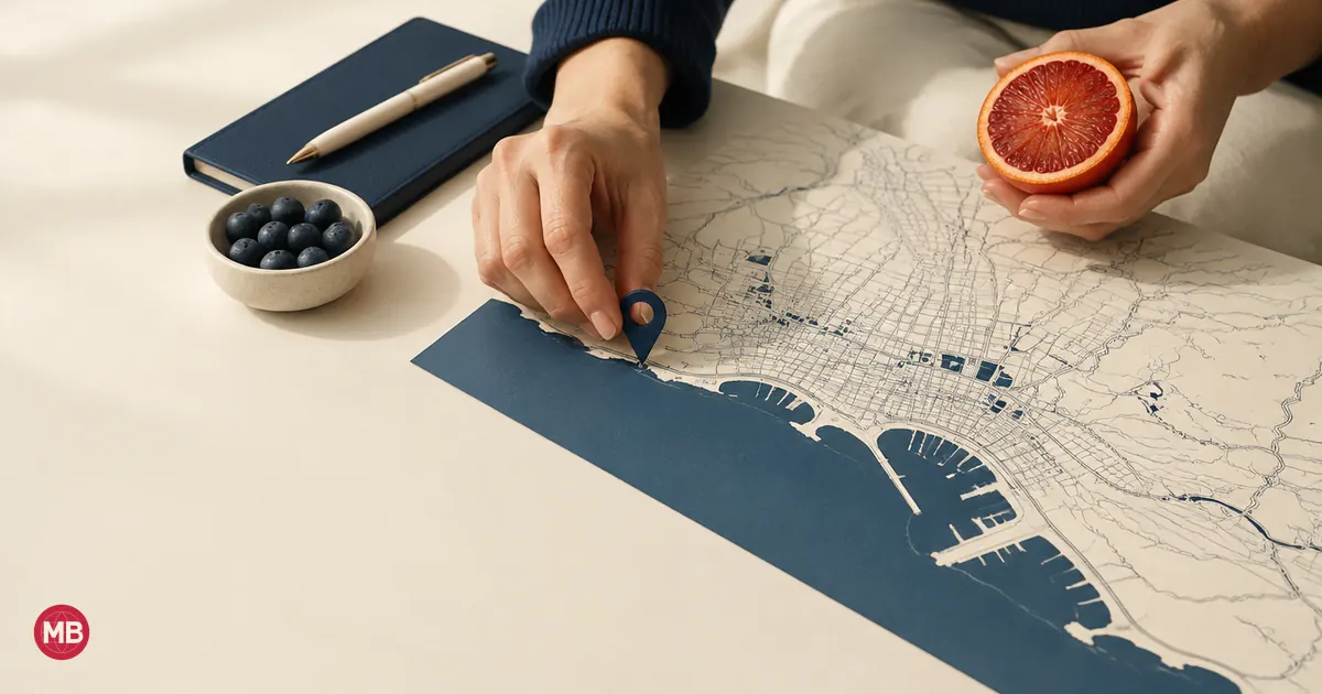 A hand pinning a coastal city map, a blood orange in the other hand