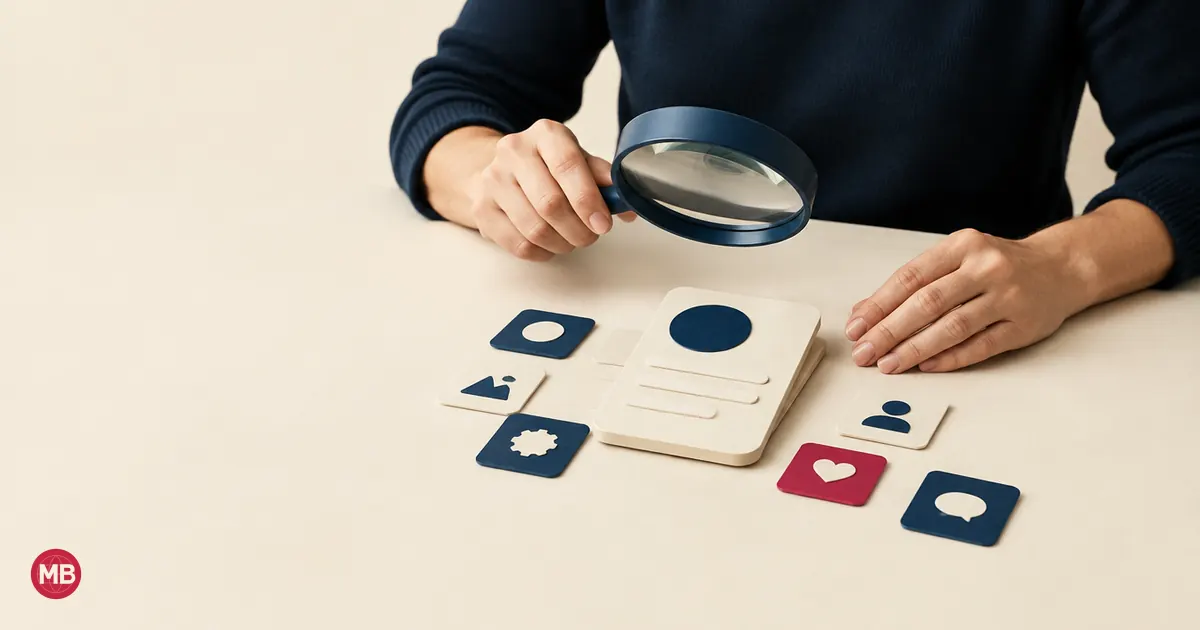 A person holding a magnifying glass over paper device and app tiles, one tile red