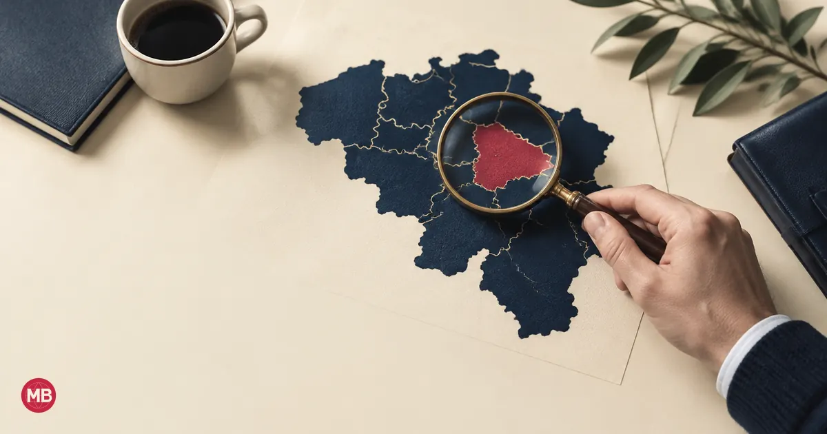 A hand holding a brass magnifying glass over a navy map of Belgium with one region in red