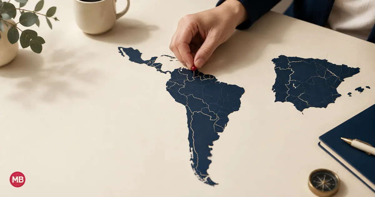 A hand placing a pin on a navy map of Latin America beside a map of Spain