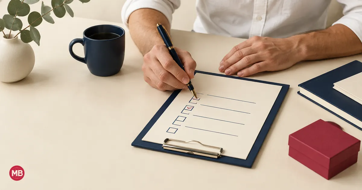 A man ticking boxes on a navy clipboard checklist with a fountain pen