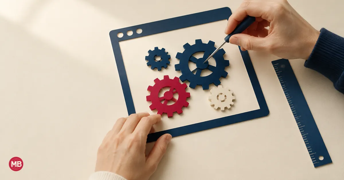 Hands adjusting navy and red gears inside a paper website frame with a small screwdriver
