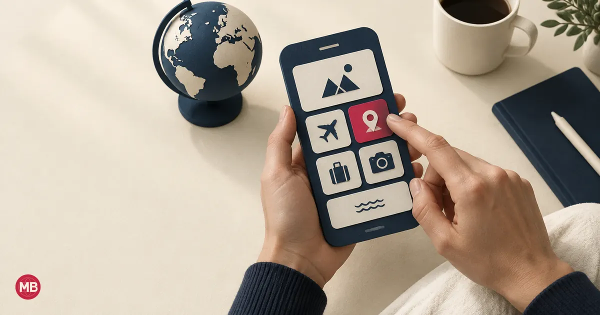 Hands holding a navy paper phone with one red tile, a globe beside it