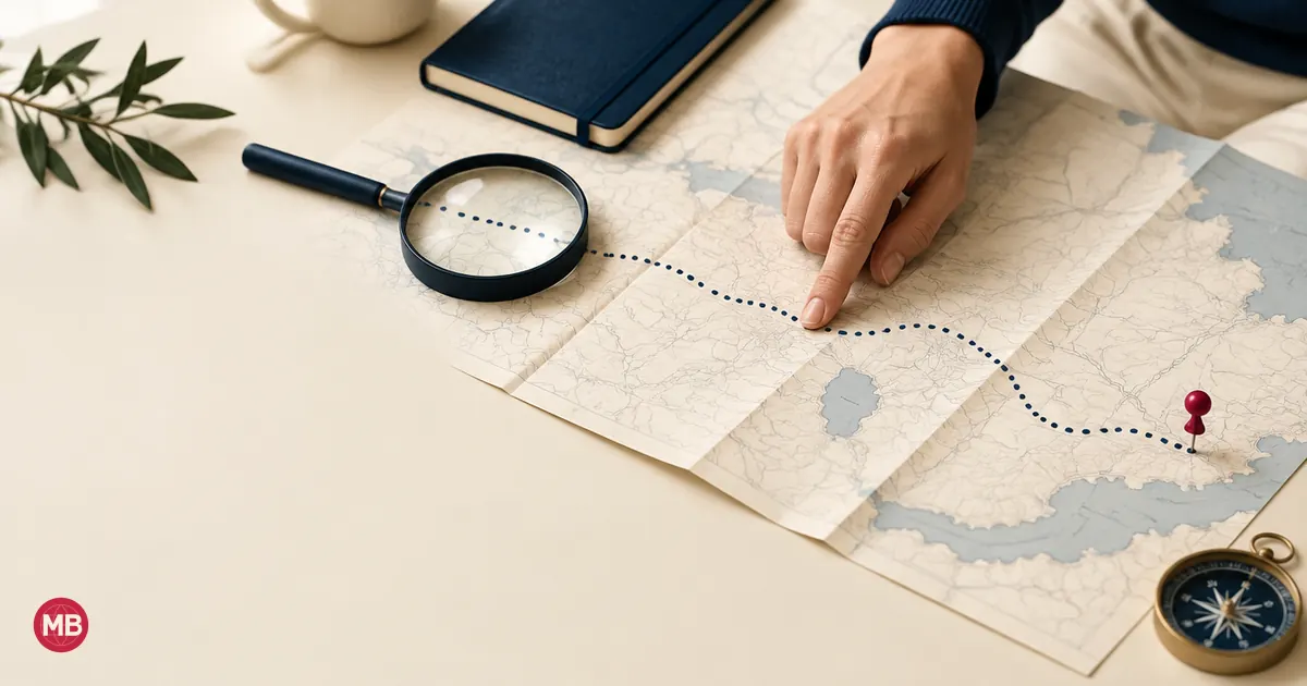 A finger tracing a dotted route across a map from a magnifying glass to a red pin