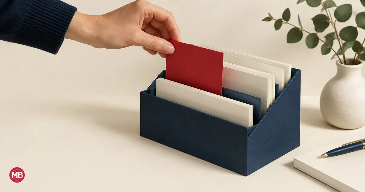 Une main glisse une carte rouge dans la dernière fente libre d’un range-cartes bleu marine