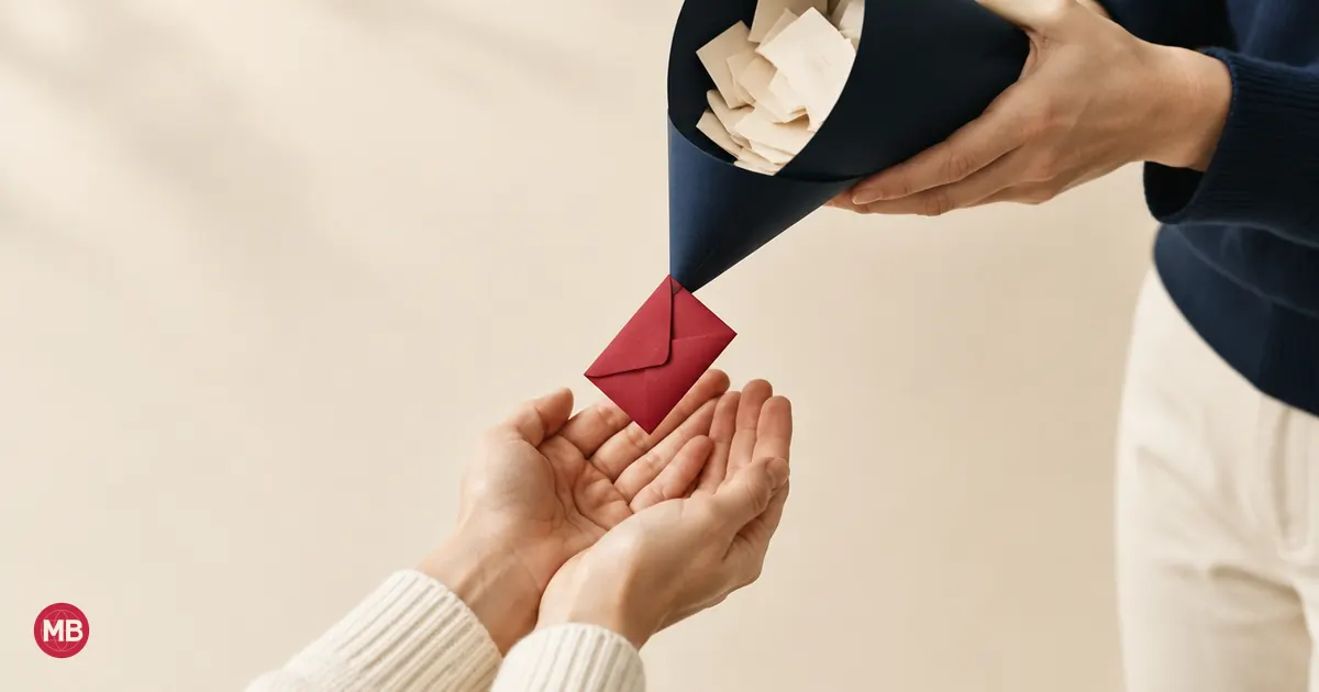 Deux mains en coupe recueillent une enveloppe rouge qui tombe d’un entonnoir en papier bleu marine