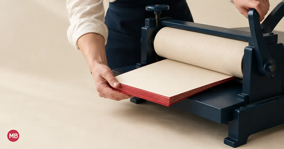 A hand catching freshly pressed cream pages from a navy paper press, the top page edged in red