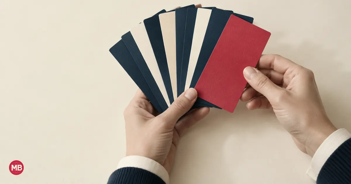 Dos manos despliegan en abanico tarjetas azul marino con una roja adelantada