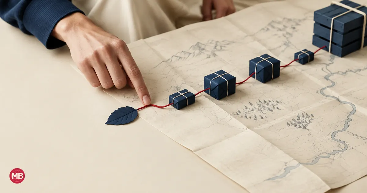 A finger tracing a red thread from a paper leaf through a chain of navy parcels