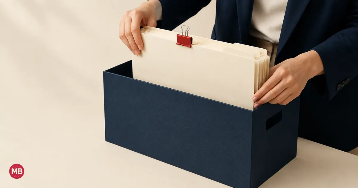 A person in a navy jacket filing cream folders into a box, a red clip on top