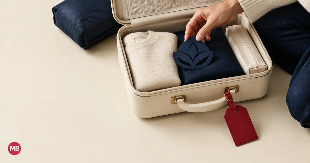 Une main range un emblème en papier bleu marine dans une petite valise à l’étiquette rouge
