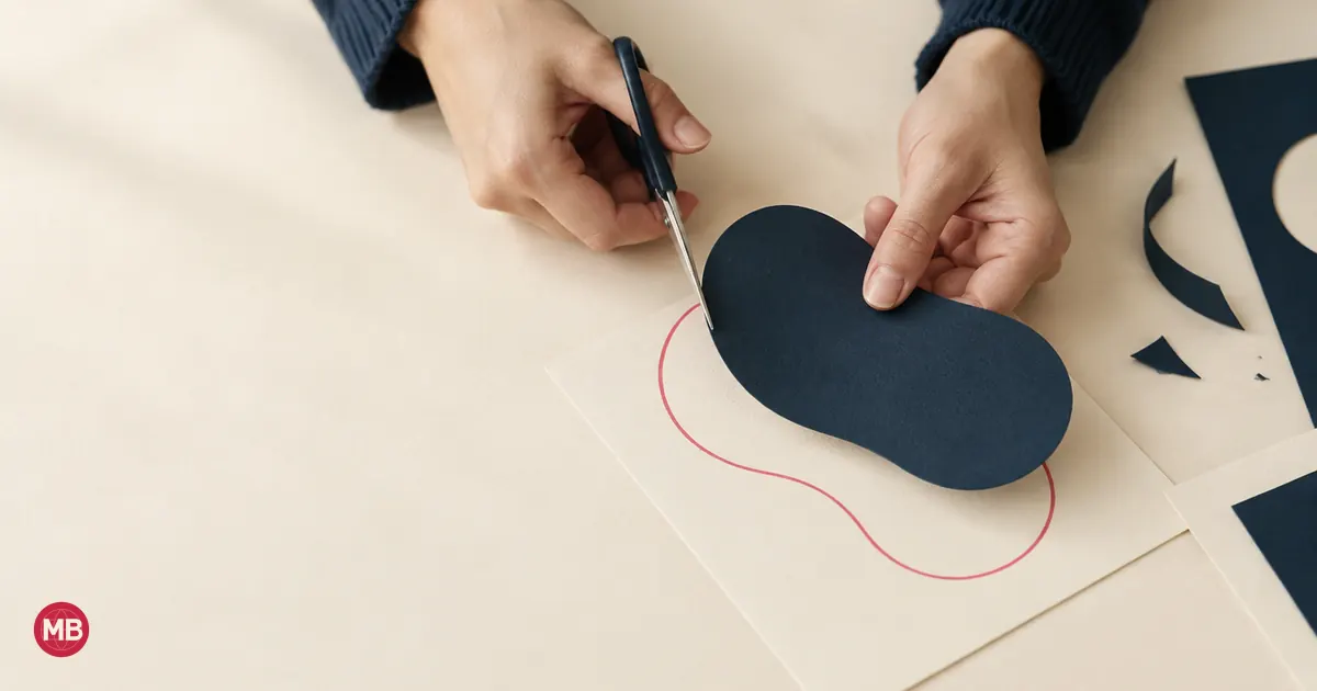 Deux mains retaillent aux ciseaux une forme bleu marine pour l’ajuster à un contour rouge