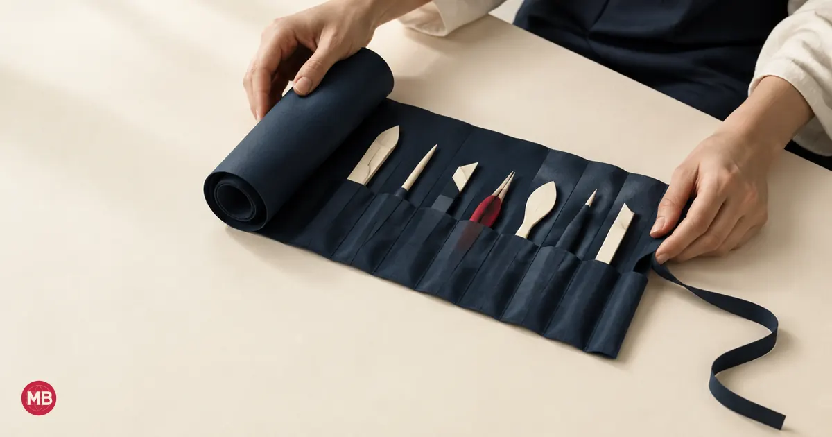 Una mano desenrolla un estuche de herramientas azul marino con una herramienta de mango rojo